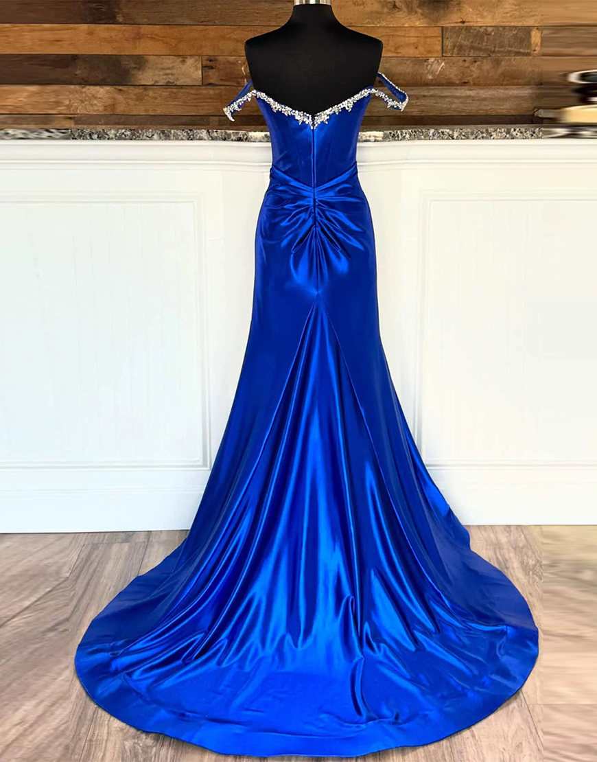 Sparkly Silver Mermaid Rhinestones Off the Shoulder Corset Long Prom Dress with Slit