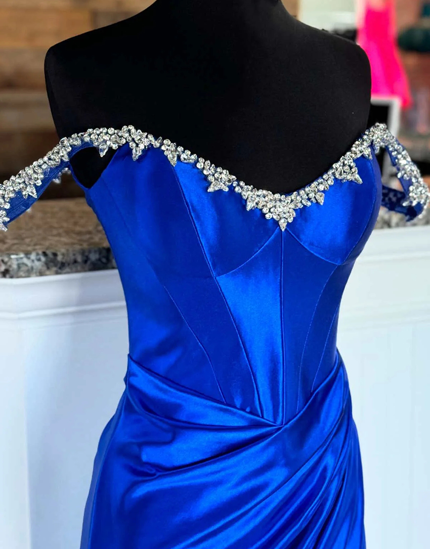 Sparkly Silver Mermaid Rhinestones Off the Shoulder Corset Long Prom Dress with Slit