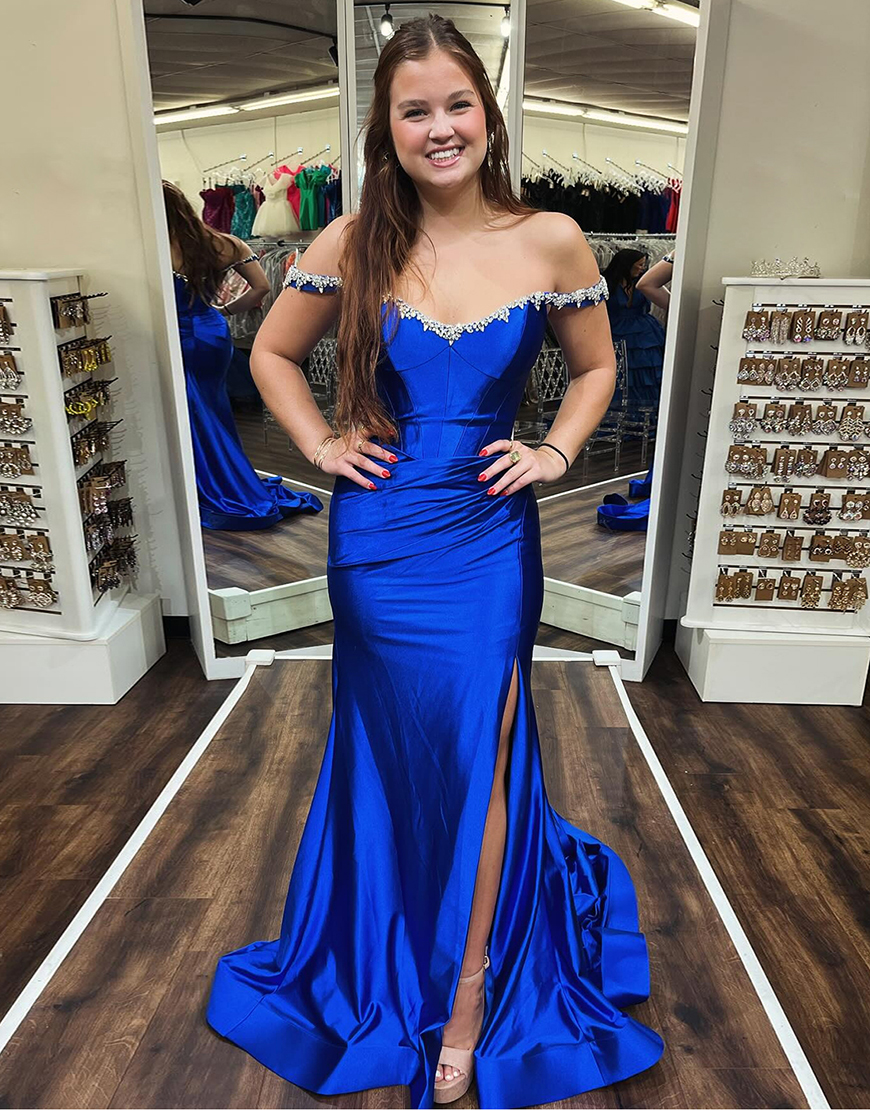 Sparkly Silver Mermaid Rhinestones Off the Shoulder Corset Long Prom Dress with Slit