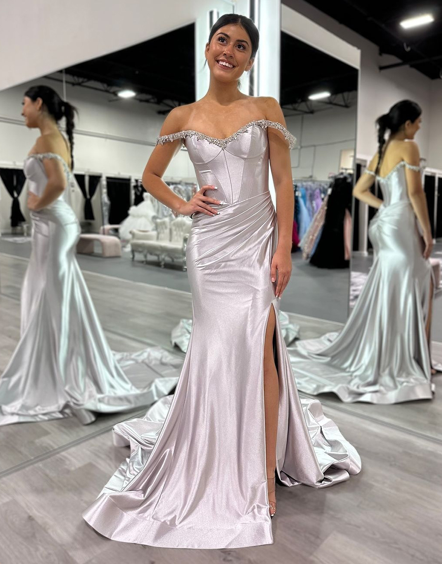 Sparkly Silver Mermaid Rhinestones Off the Shoulder Corset Long Prom Dress with Slit
