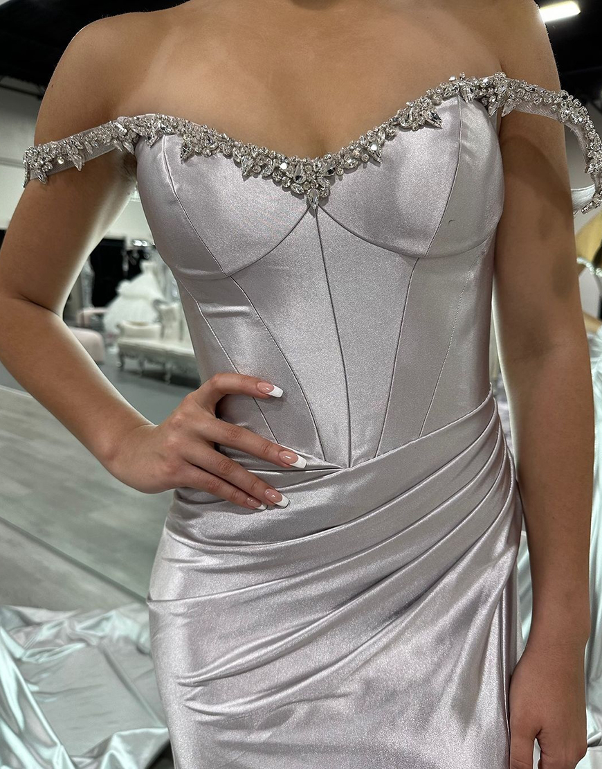 Sparkly Silver Mermaid Rhinestones Off the Shoulder Corset Long Prom Dress with Slit