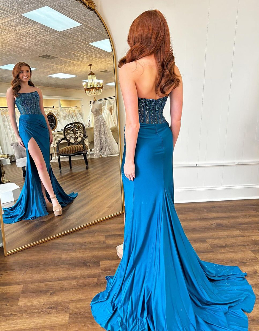 Sparkly Red Mermaid Strapless Beaded Corset Long Prom Dress with Slit