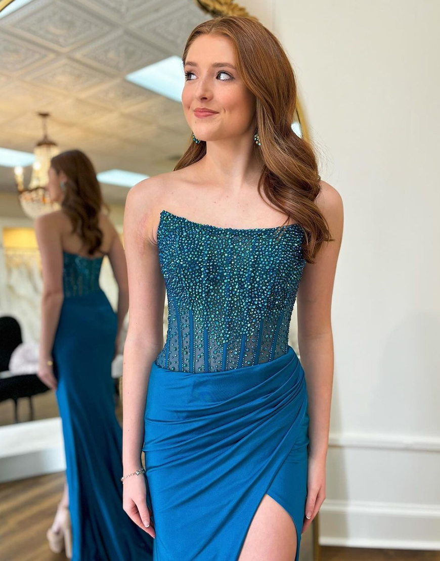 Sparkly Red Mermaid Strapless Beaded Corset Long Prom Dress with Slit