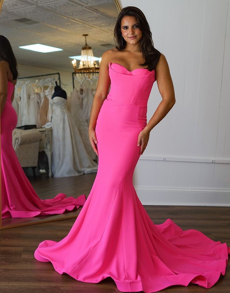 Hot Pink Mermaid Strapless Corset Long Prom Dress