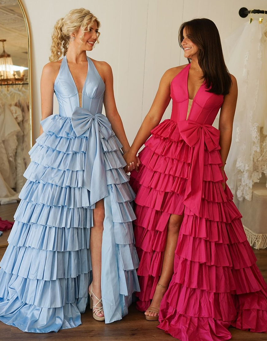 Blue A-Line Halter Corset Tiered Bow Long Prom Dress with Slit