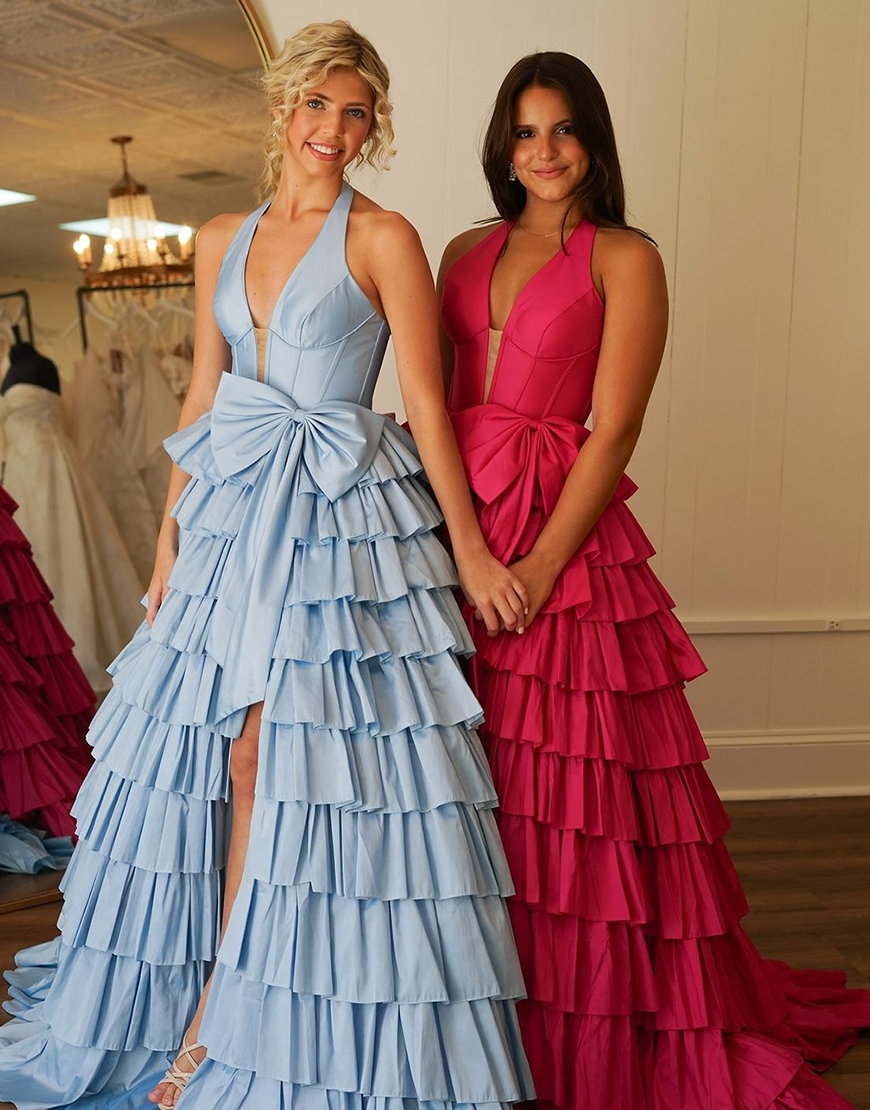 Blue A-Line Halter Corset Tiered Bow Long Prom Dress with Slit