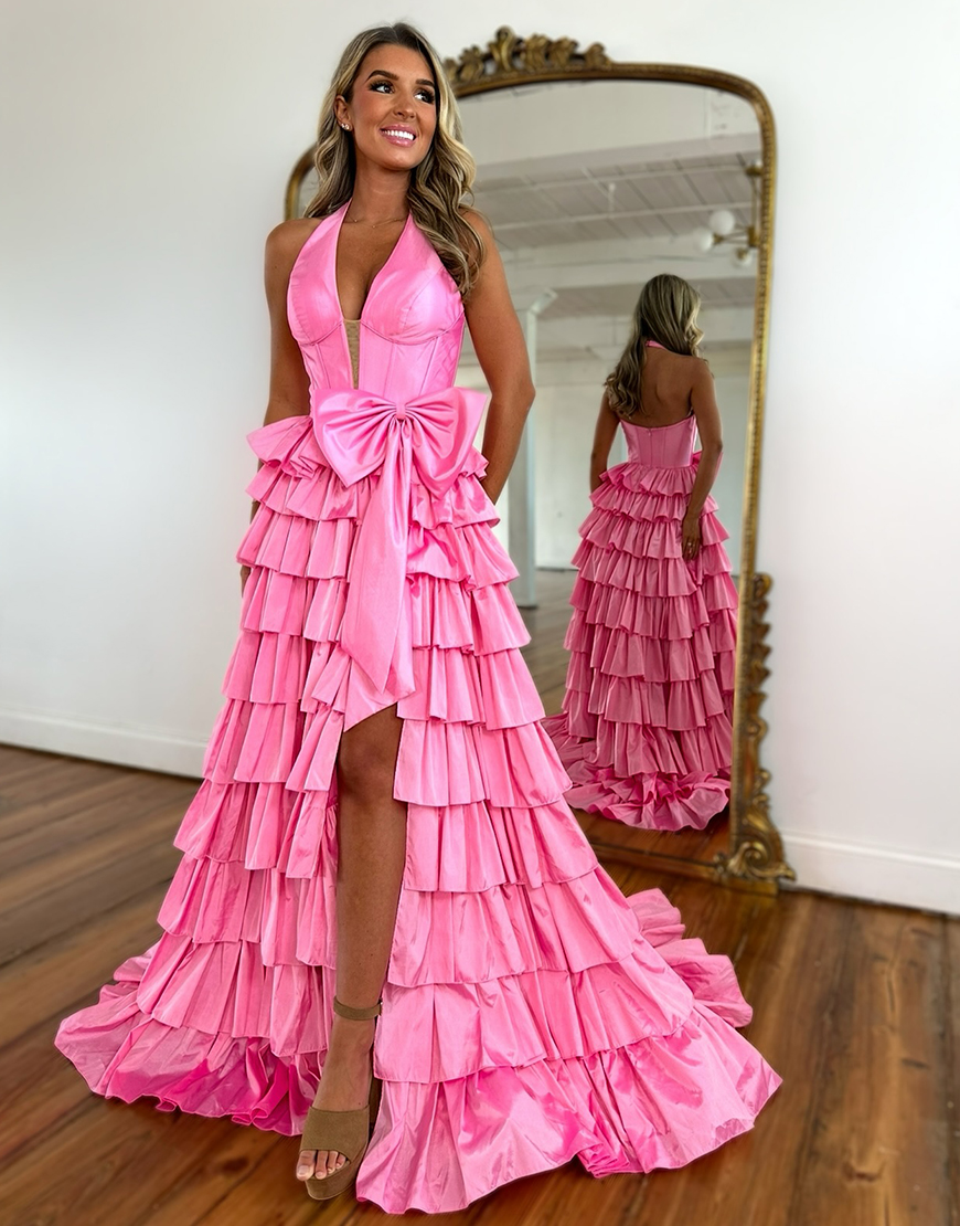 Blue A-Line Halter Corset Tiered Bow Long Prom Dress with Slit