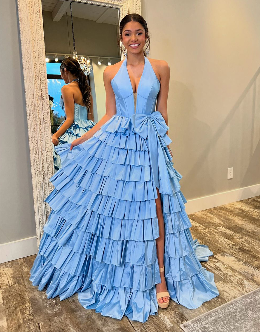 Blue A-Line Halter Corset Tiered Bow Long Prom Dress with Slit