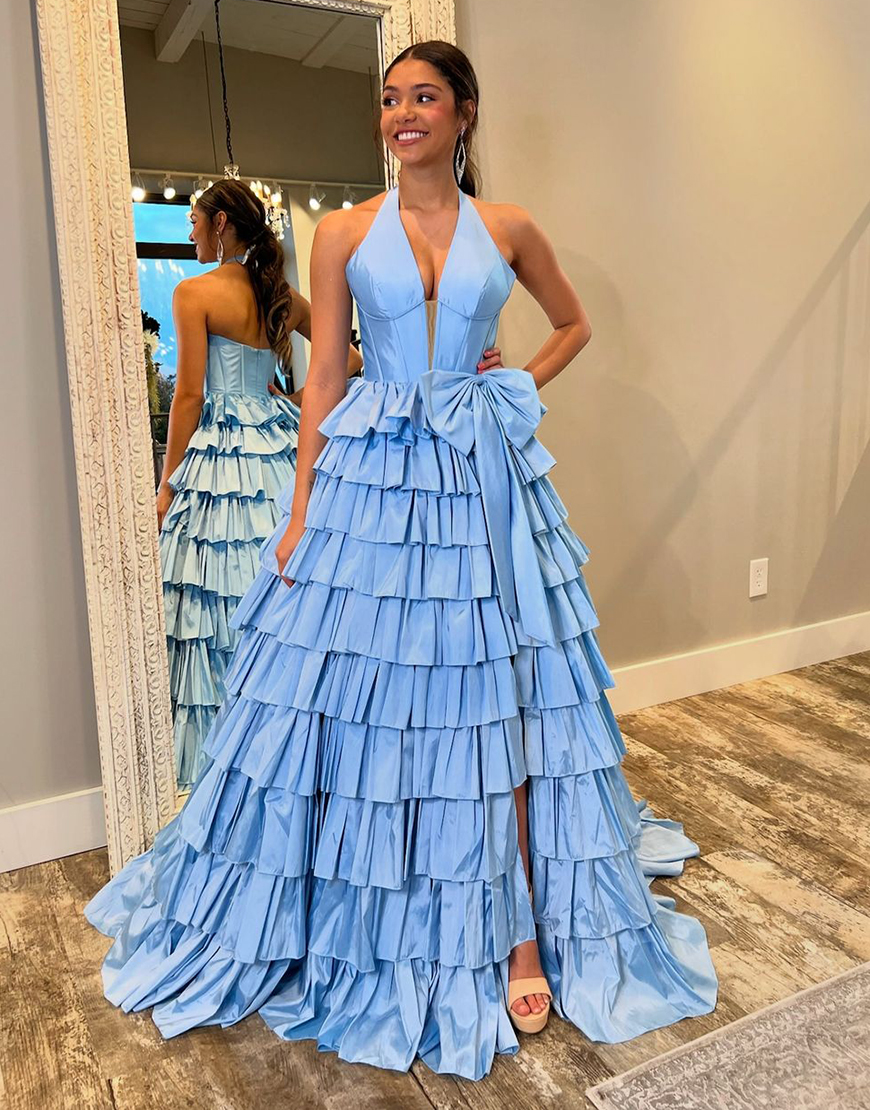 Blue A-Line Halter Corset Tiered Bow Long Prom Dress with Slit