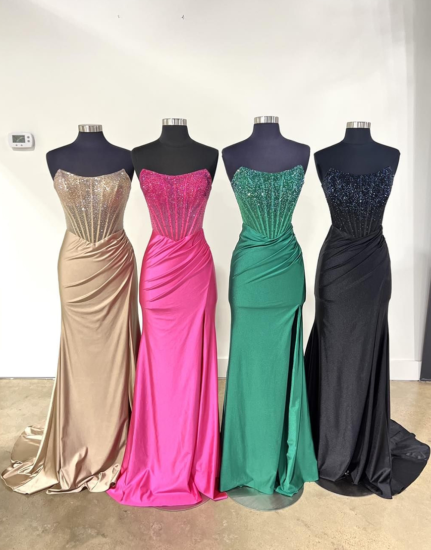 Sparkly Dark Green Mermaid Strapless Beaded Corset Long Prom Dress with Slit