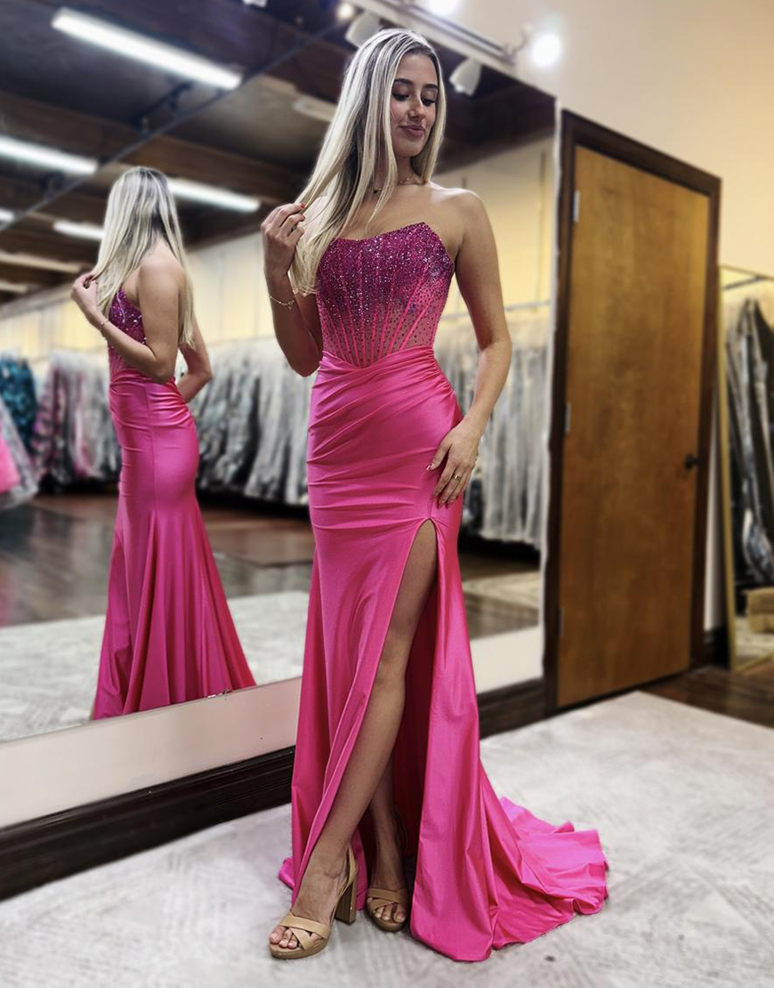 Sparkly Red Mermaid Strapless Beaded Corset Long Prom Dress with Slit