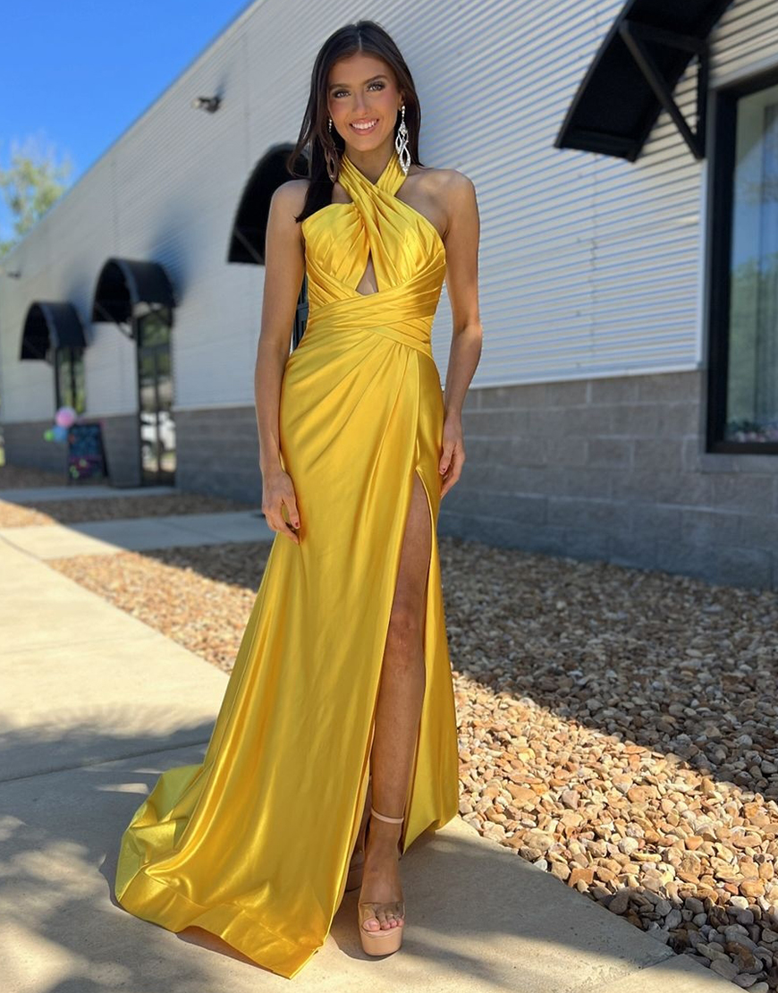 Yellow Mermaid Halter Ruched Satin Long Prom Dress with Slit