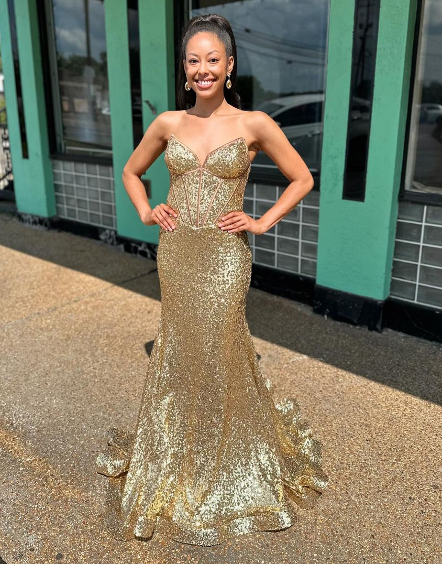 Sparkly Golden Mermaid Strapless Corset Sequins Long Prom Dress