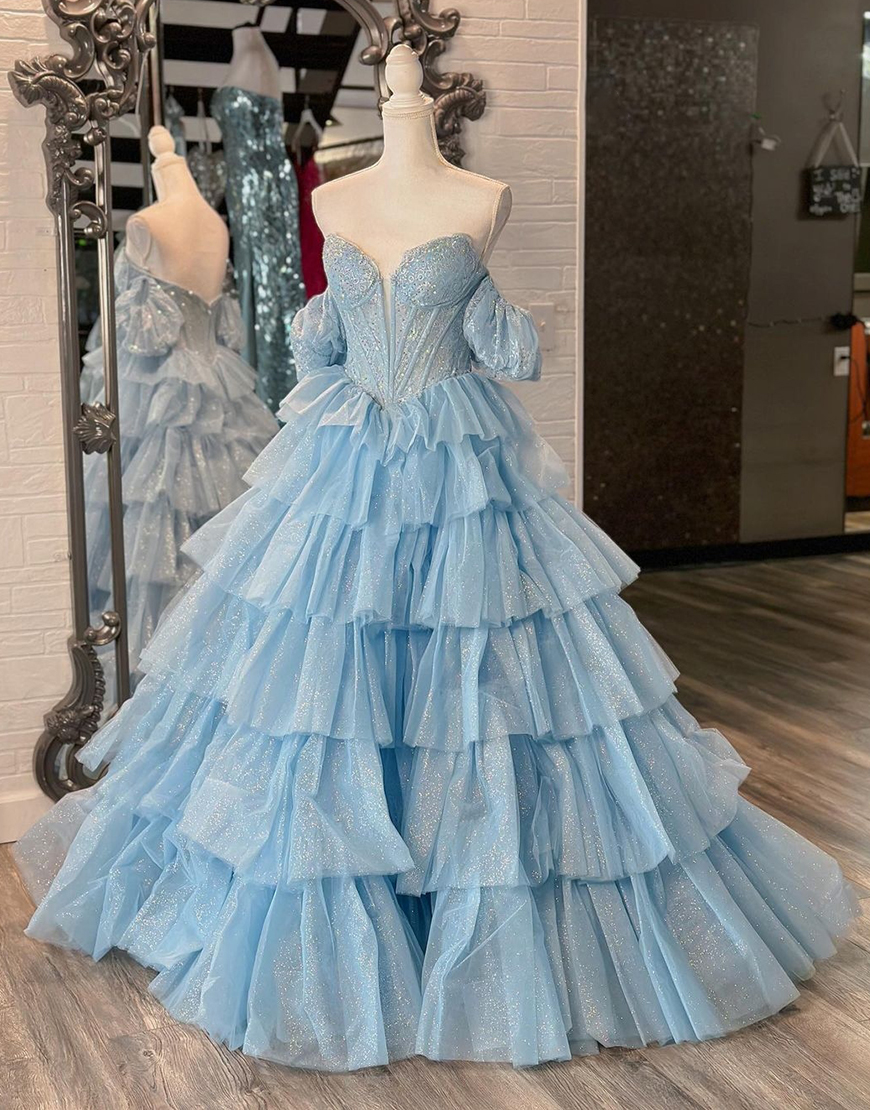 Sparkly Blue A-Line Off the Shoulder Corset Tiered Long Prom Dress