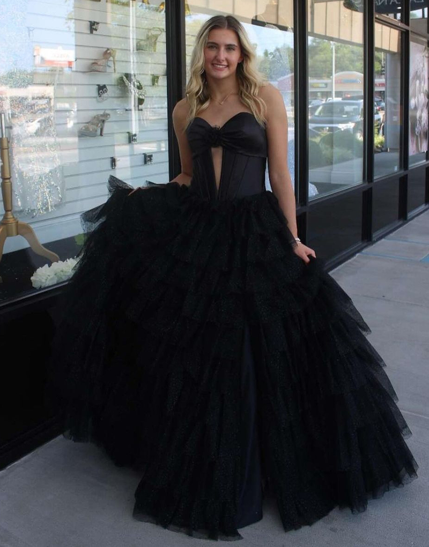 Sparkly Black A-Line Strapless Flower Tiered Corset Long Prom Dress with Slit