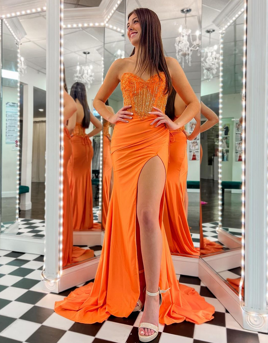 Sparkly Orange Mermaid Beading Strapless Corset Long Prom Dress with Slit