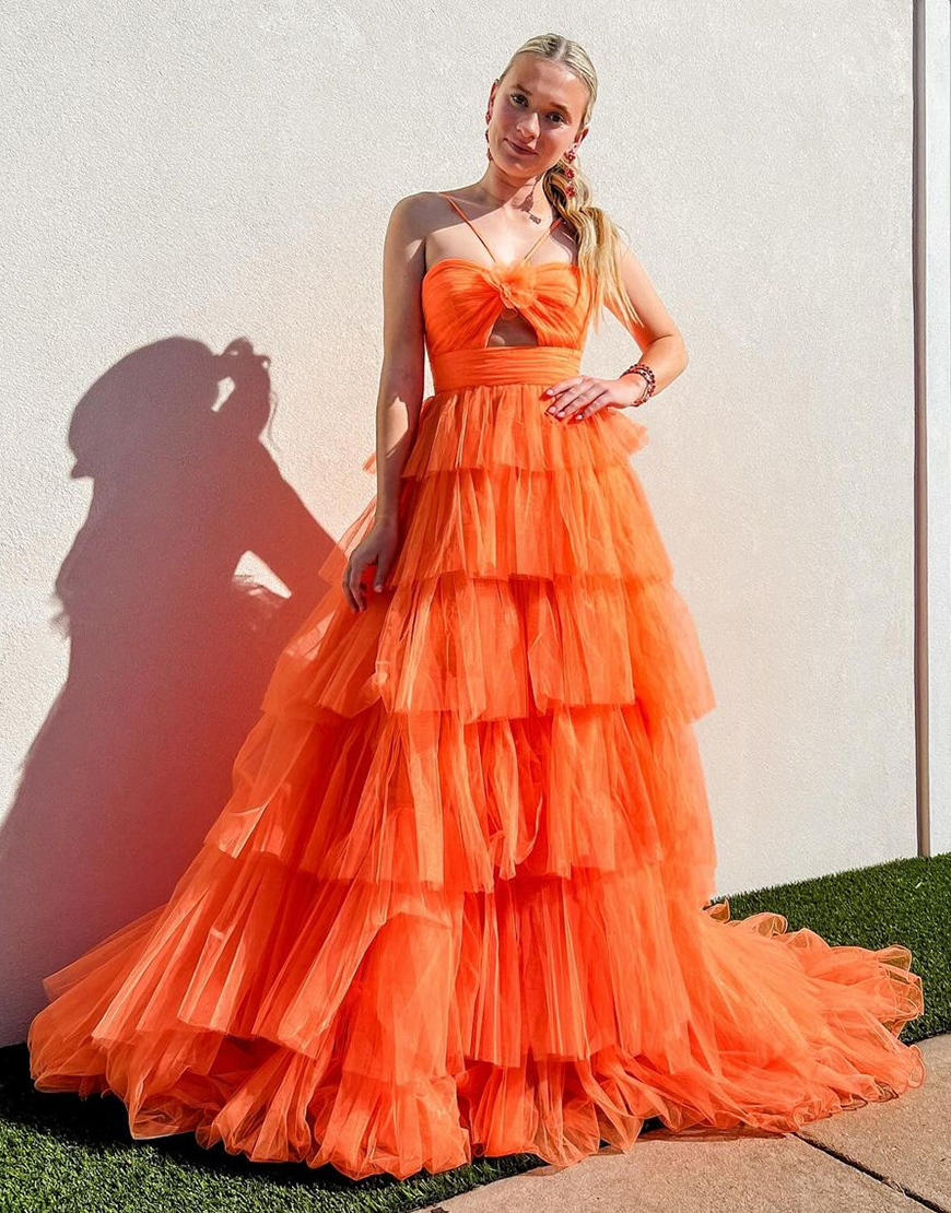 Orange A-Line Spaghetti Straps Flower Tiered Tulle Long Prom Dress