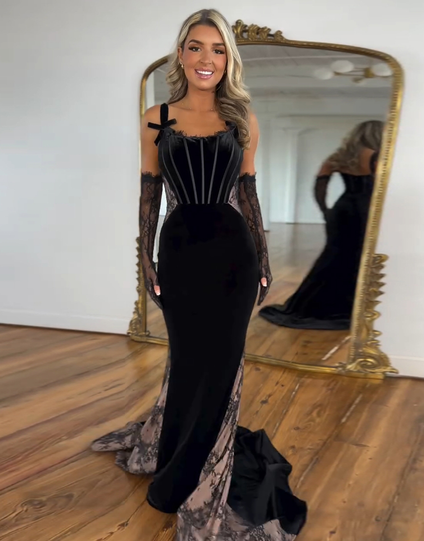 Black Mermaid Corset Velvet Laced Long Prom Dress with Detachable Sleeves