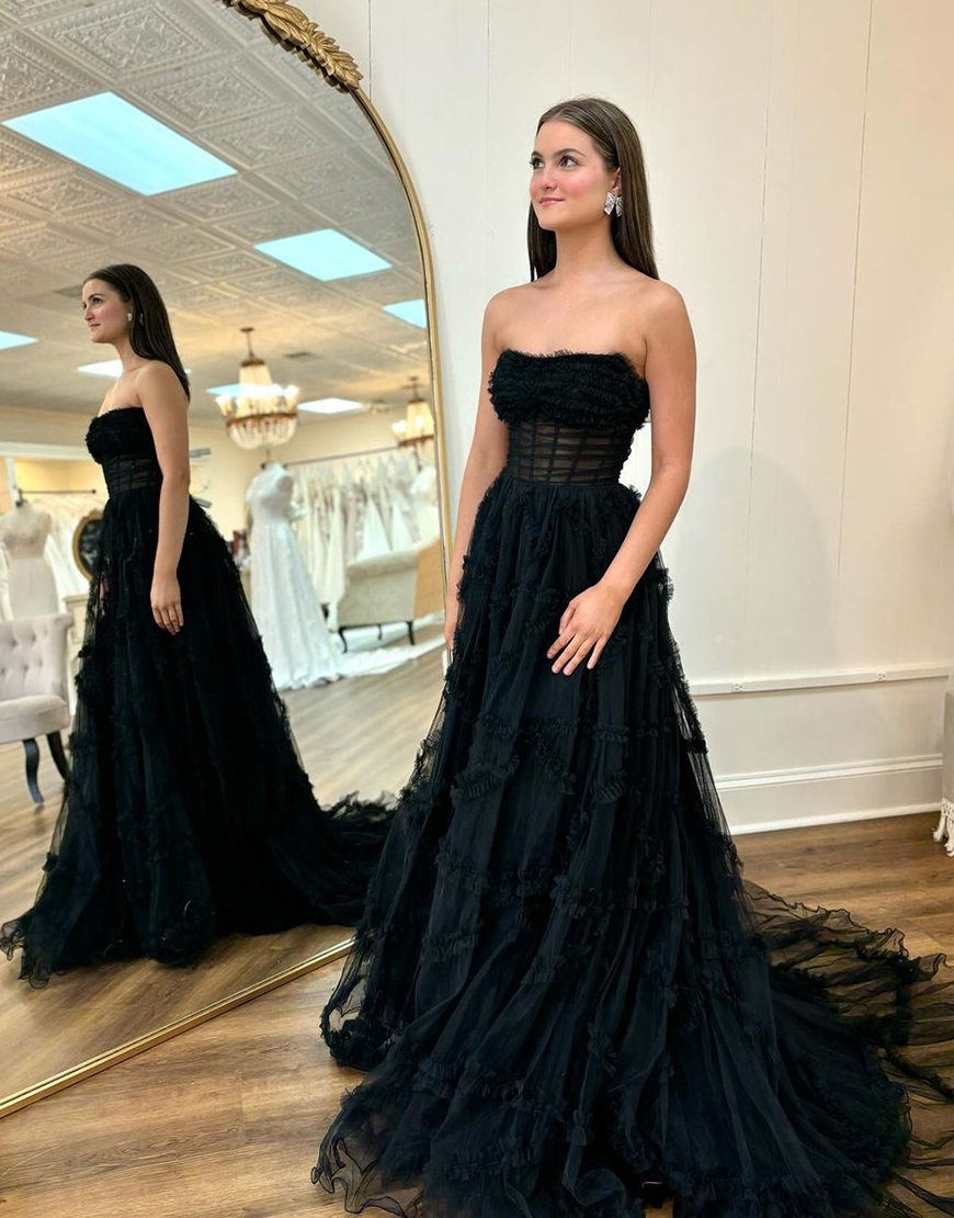 Black A-Line Strapless Ruffle Corset Tulle Long Prom Dress
