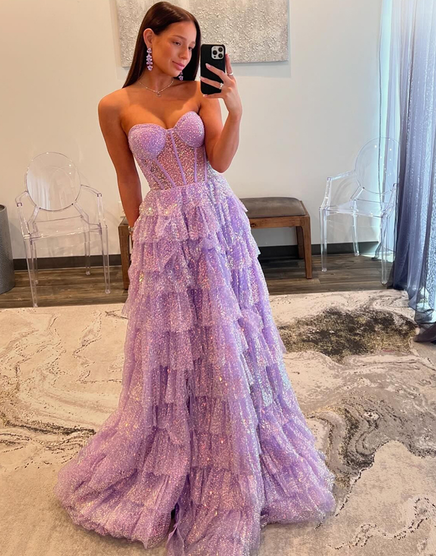 Sparkly Purple A-Line Strapless Corset Tiered Sequins Long Prom Dress with Slit