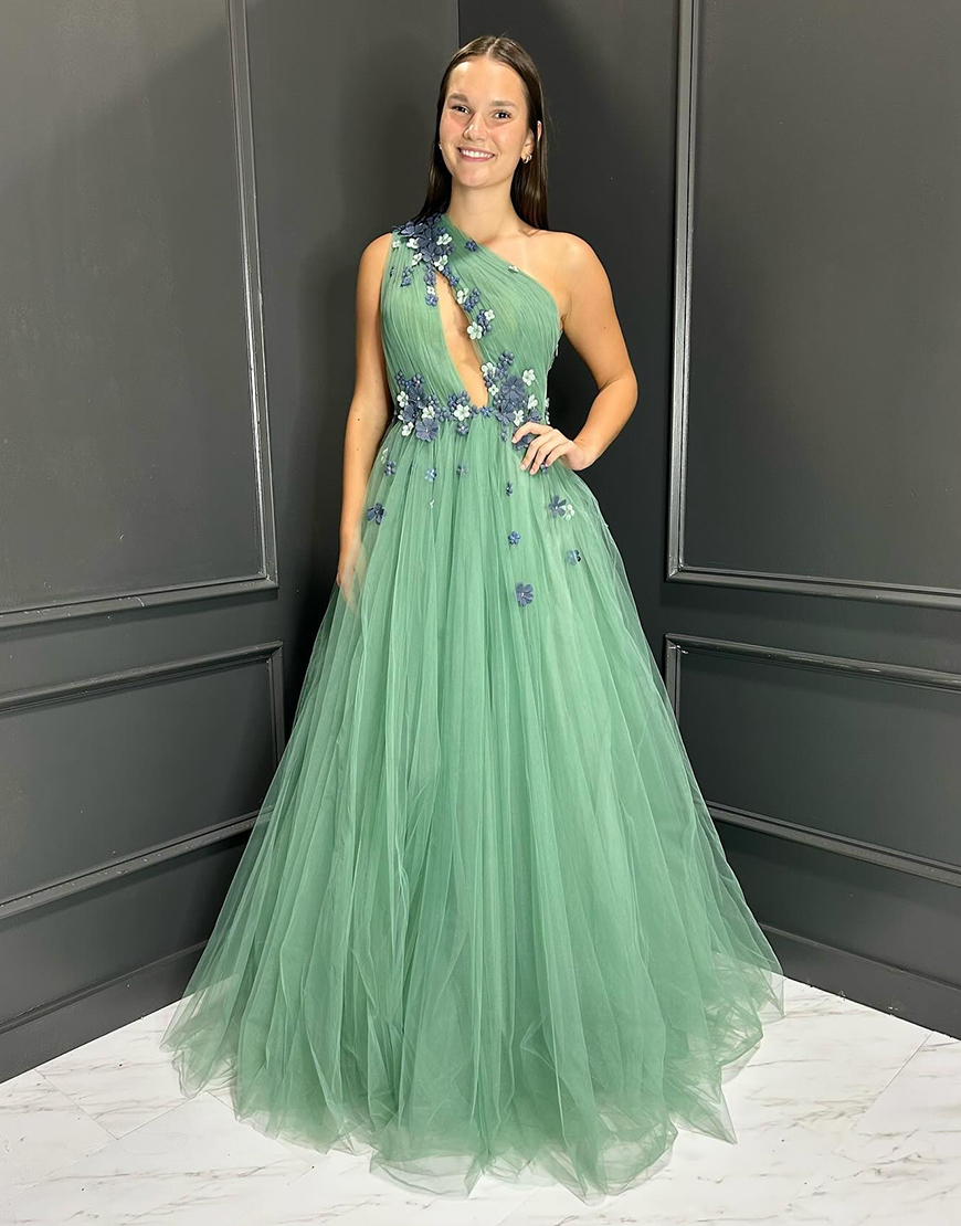 Sparkly Green A-Line One Shoulder Flowers Tulle Long Prom Dress