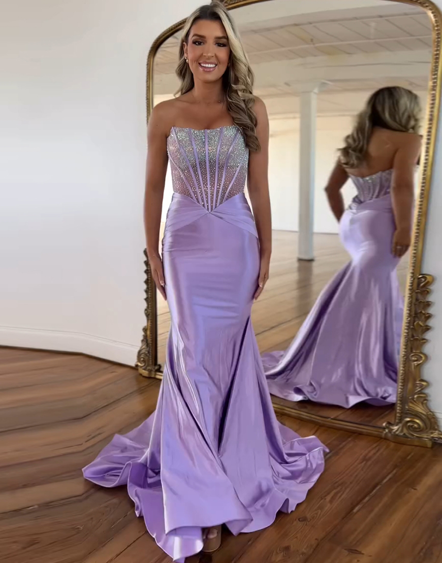 Sparkly Purple Mermaid Beaded Corset Strapless Satin Long Prom Dress