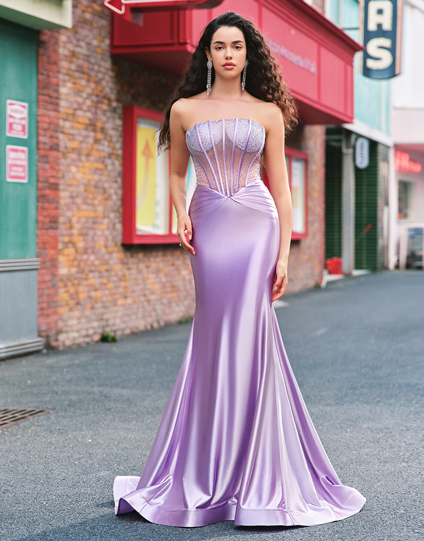 Sparkly Purple Mermaid Strapless Corset Beaded Long Prom Dress