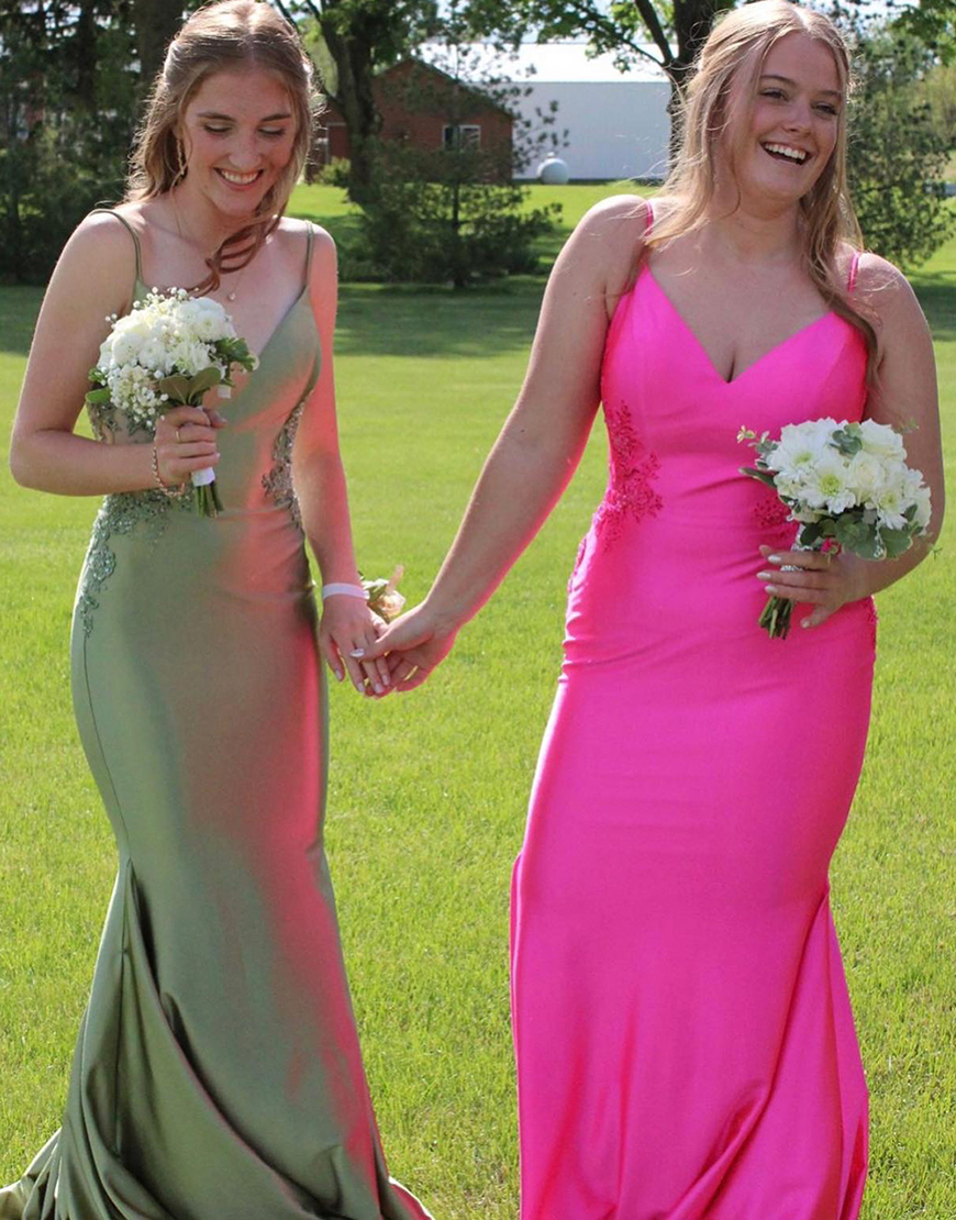Sparkly Sage Mermaid Spaghetti Straps Satin Long Prom Dress with Appliques
