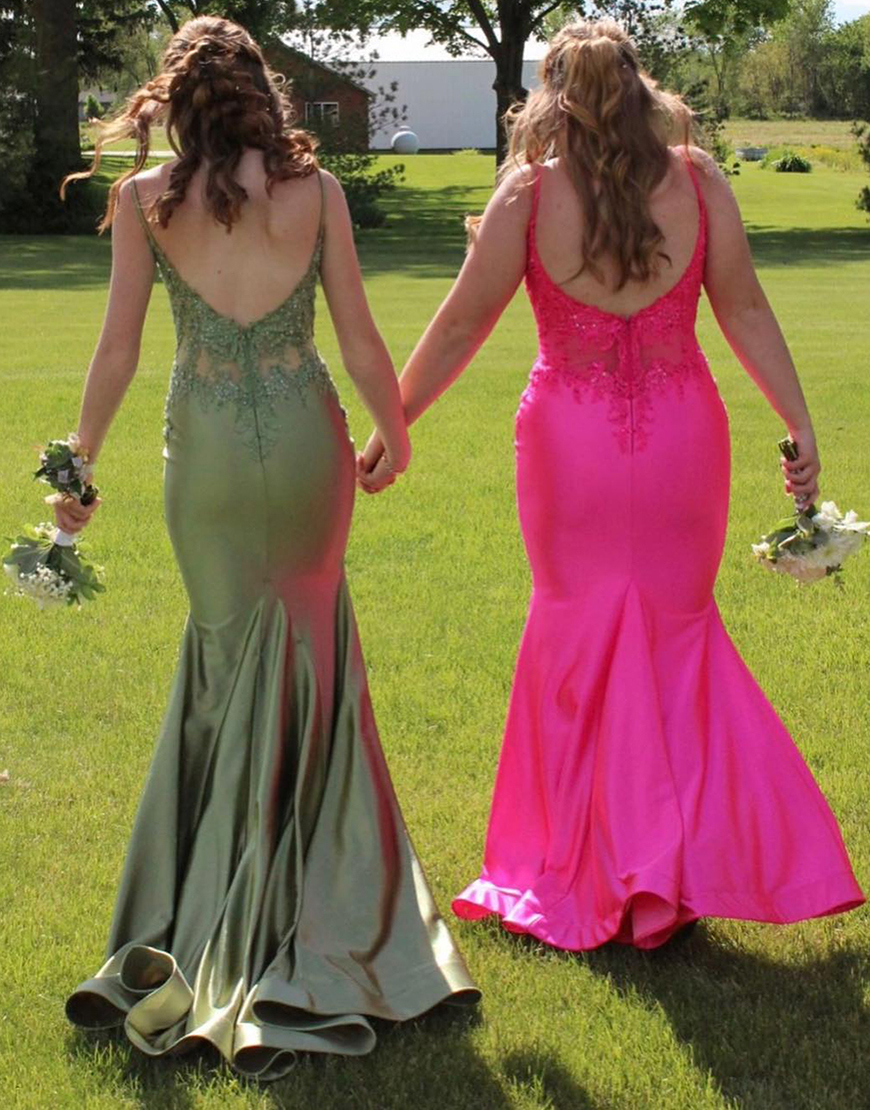 Sparkly Sage Mermaid Spaghetti Straps Satin Long Prom Dress with Appliques