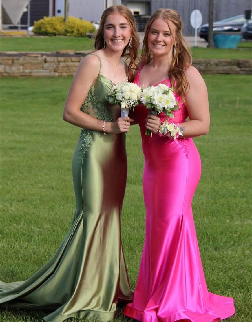 Sparkly Sage Mermaid Spaghetti Straps Satin Long Prom Dress with Appliques