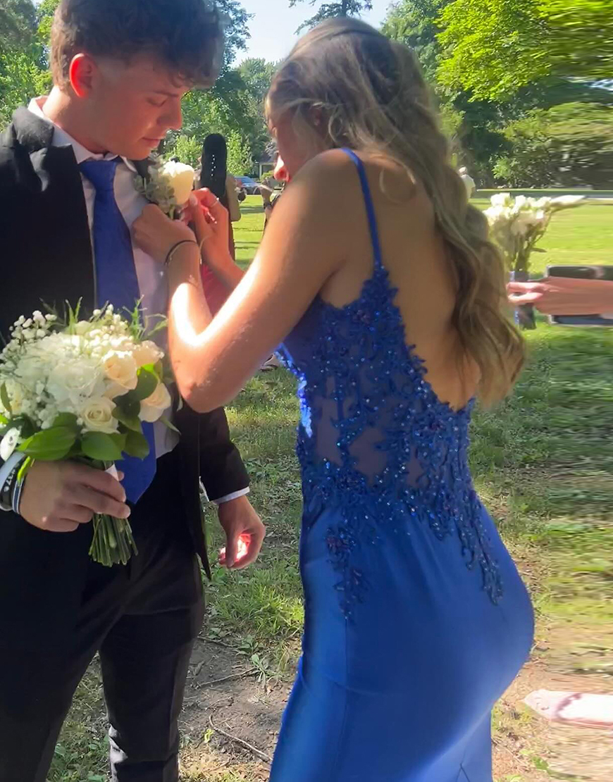 Sparkly Sage Mermaid Spaghetti Straps Satin Long Prom Dress with Appliques