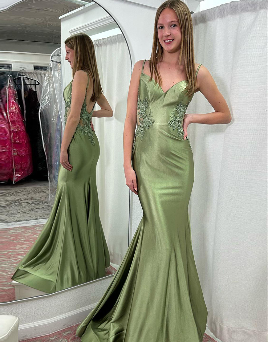 Sparkly Sage Mermaid Spaghetti Straps Satin Long Prom Dress with Appliques