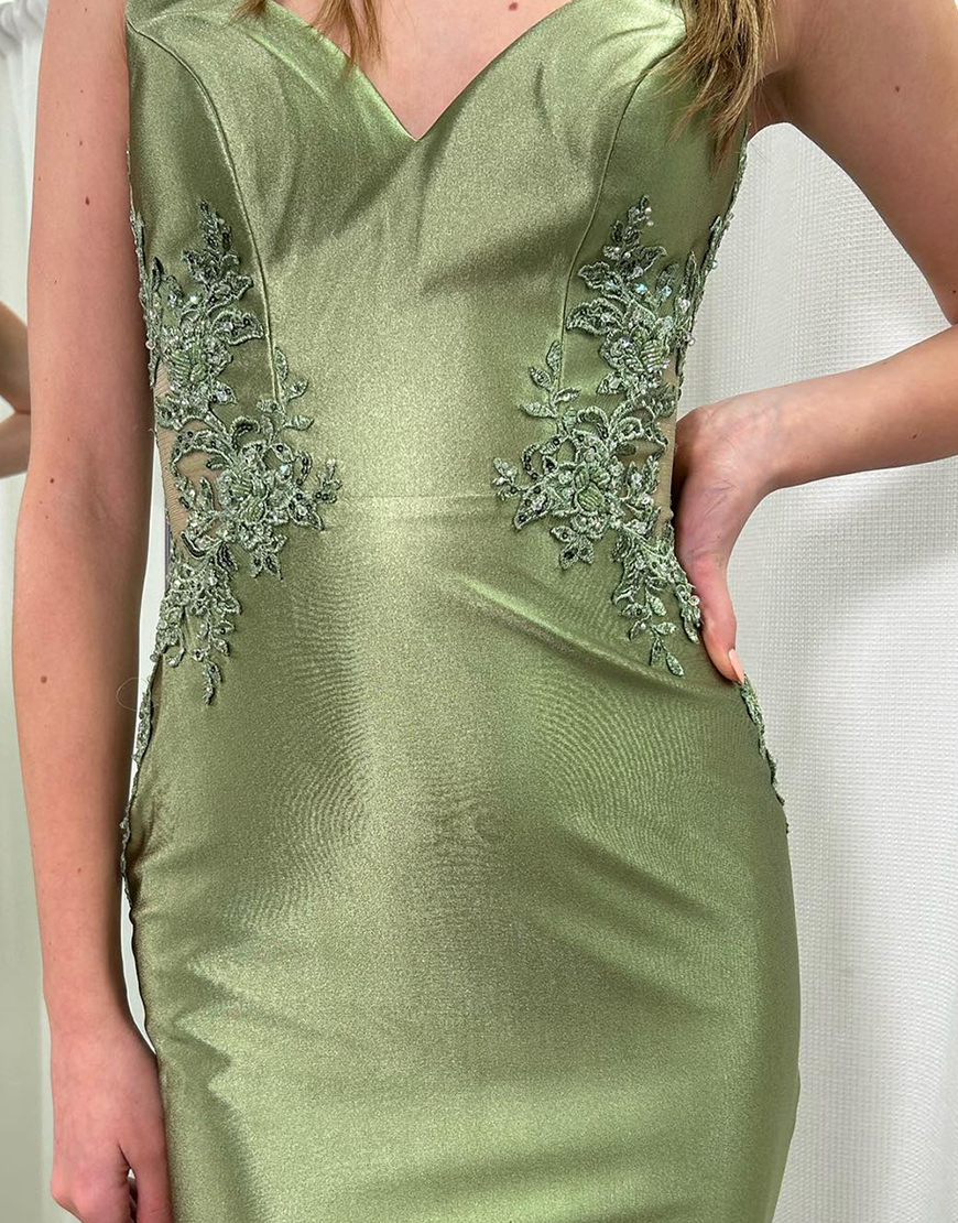 Sparkly Sage Mermaid Spaghetti Straps Satin Long Prom Dress with Appliques