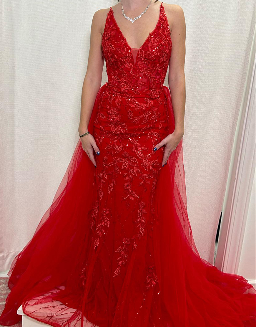 Sparkly Red Mermaid V Neck Corset Tulle Long Prom Dress with Appliques
