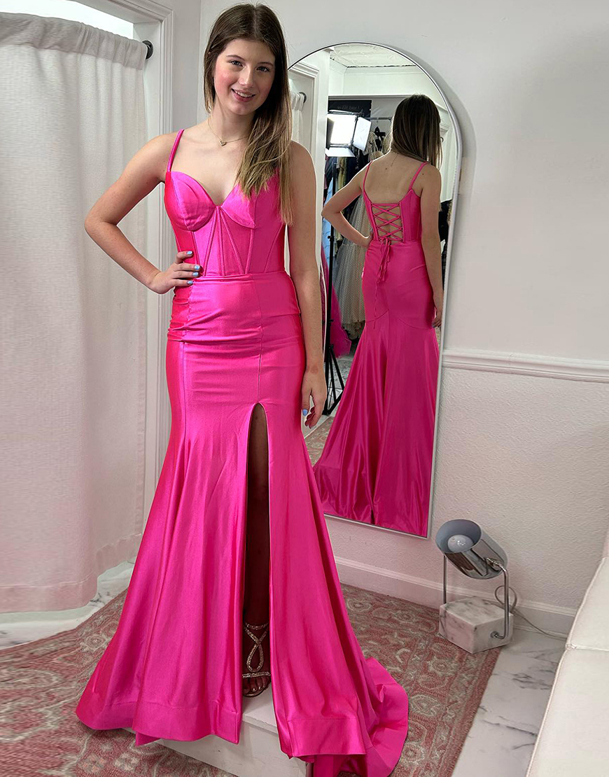 Fuchsia Mermaid Spaghetti Straps Corset Satin Long Prom Dress with Slit