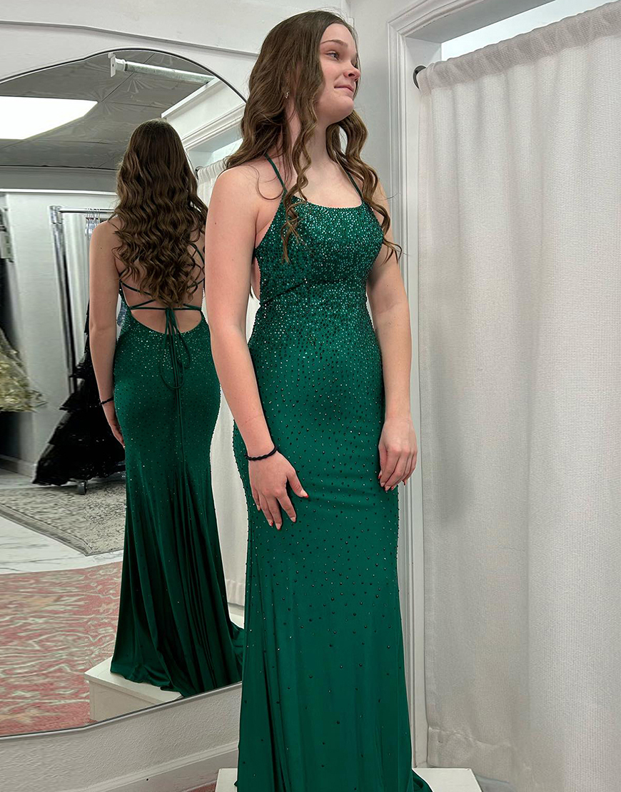 Sparkly Dark Green Mermaid Spaghetti Straps Beaded Satin Long Prom Dress