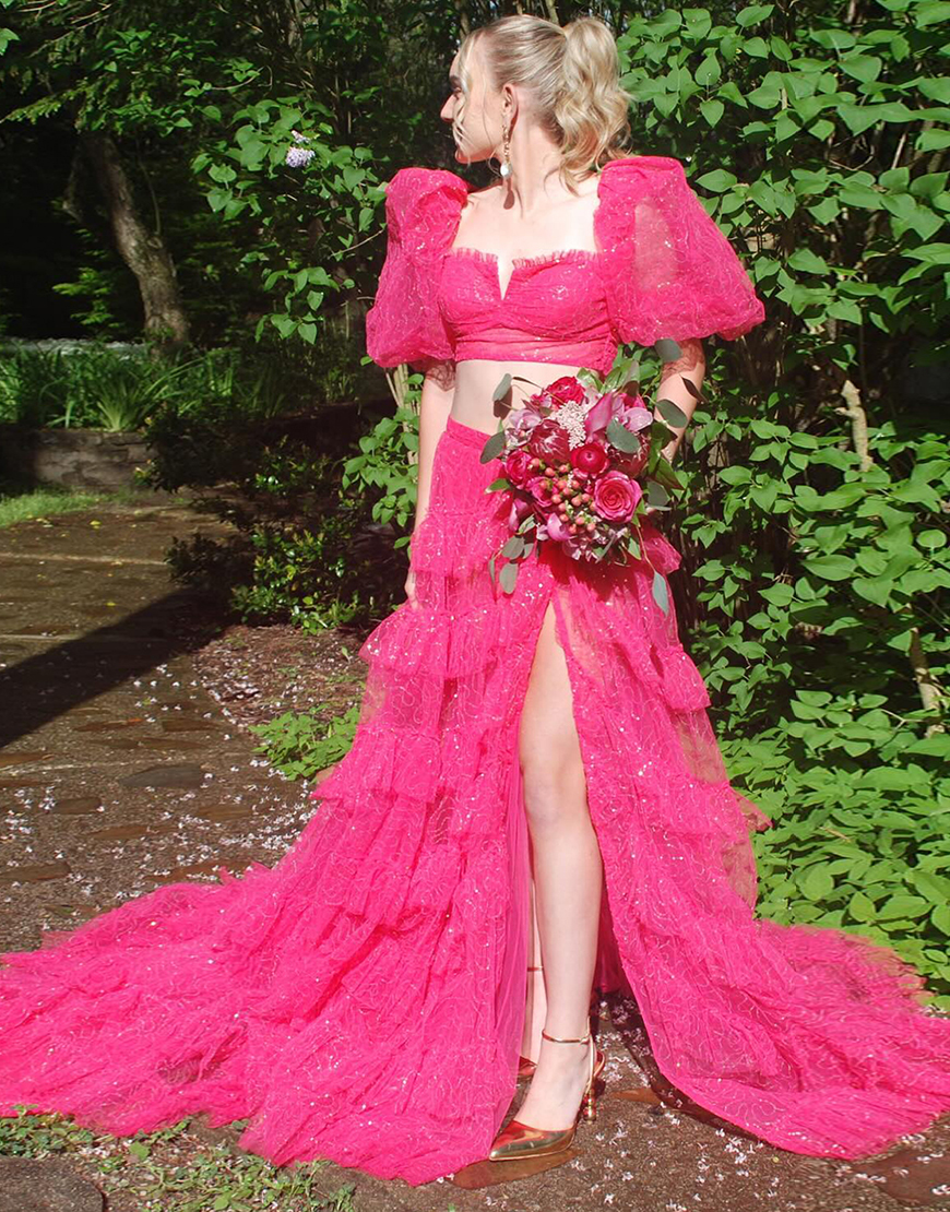 Sparkly Fuchsia A-Line Two Pieces Puff Sleeves Ruffles Tulle Long Prom Dress with Slit