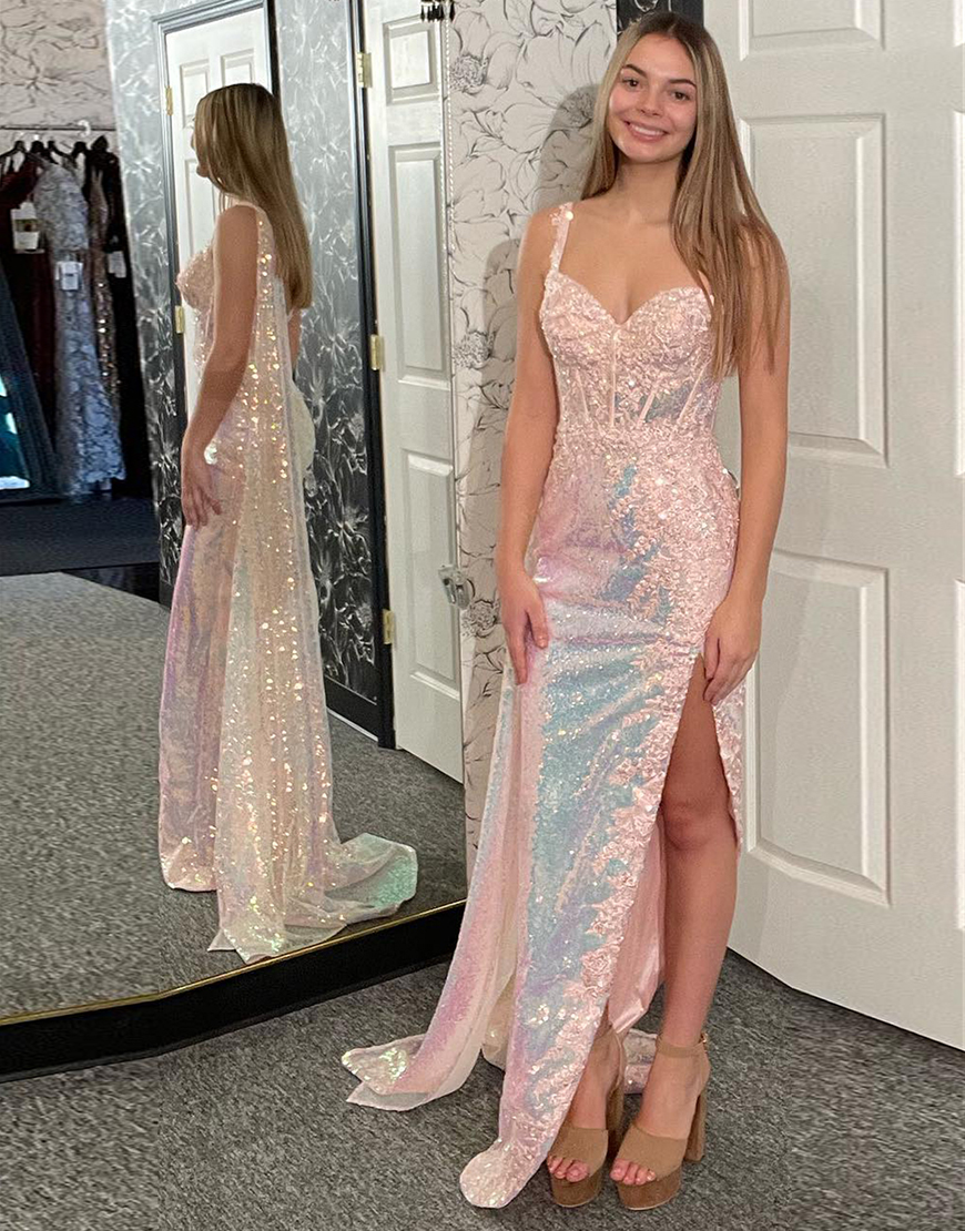 Sparkly Light Pink Mermaid Sequins Corset Appliques Long Prom Dress with Slit