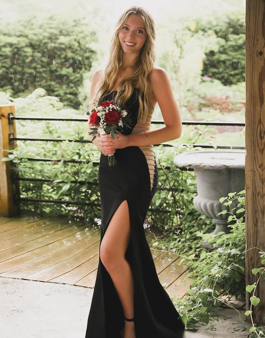 Sparkly Black Mermaid Strapless Beading Corset Satin Long Prom Dress with Slit