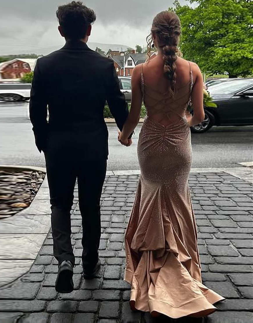 Sparkly Champagne Mermaid Spaghetti Straps Beaded Satin Long Prom Dress