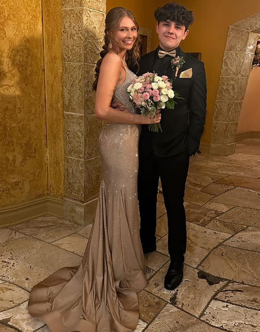 Sparkly Champagne Mermaid Spaghetti Straps Beaded Satin Long Prom Dress