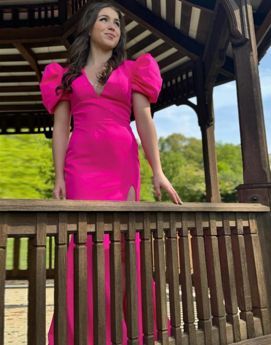 Fuchsia Mermaid Puff Sleeves Satin Long Prom Dress with Slit