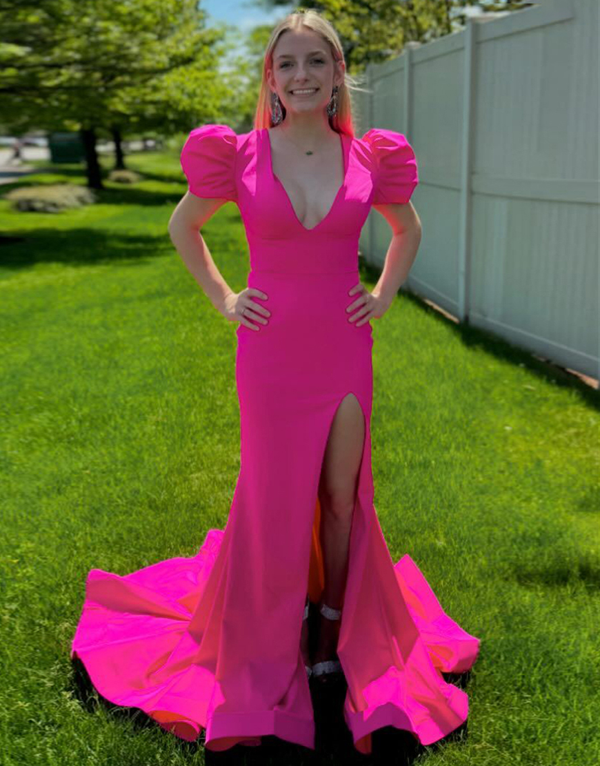Fuchsia Mermaid Puff Sleeves Satin Long Prom Dress with Slit
