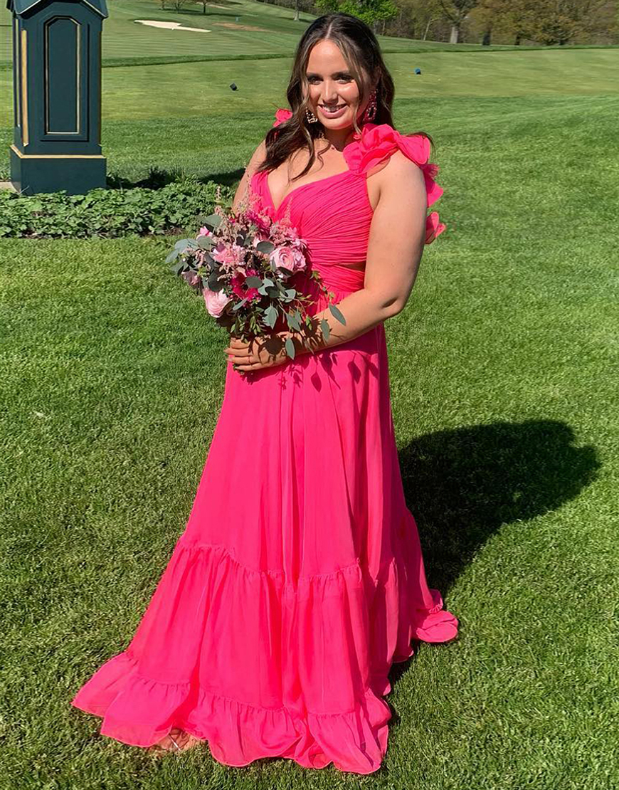 Fuchsia A-Line Ruffle Shoulder Straps Lace-Up Long Prom Dress