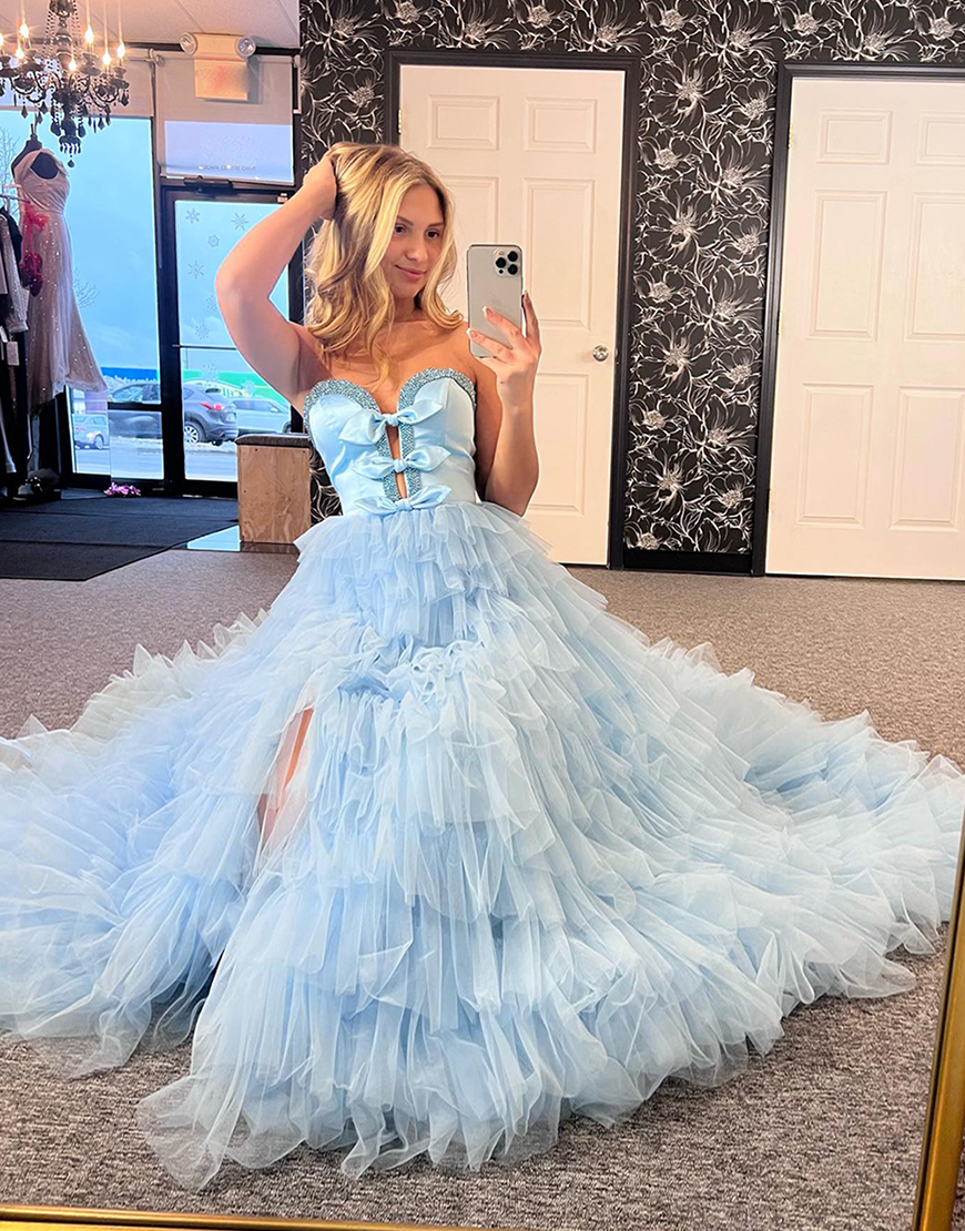Sparkly Light Blue A-Line Strapless Beaded Bows Ruffles Tulle Long prom Dress with Slit