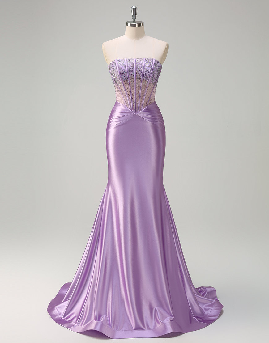 Sparkly Lilac Mermaid Corset Strapless Beaded Long Prom Dress