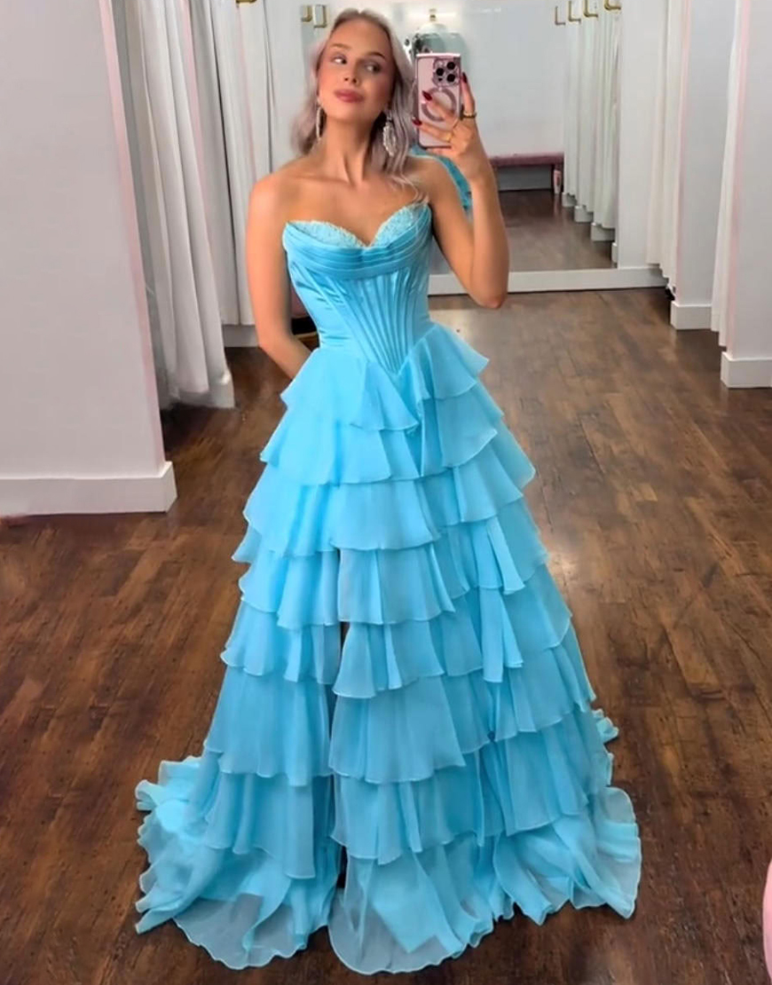 Orange Corset Tiered Strapless Ruffled Long Prom Dress with Slit