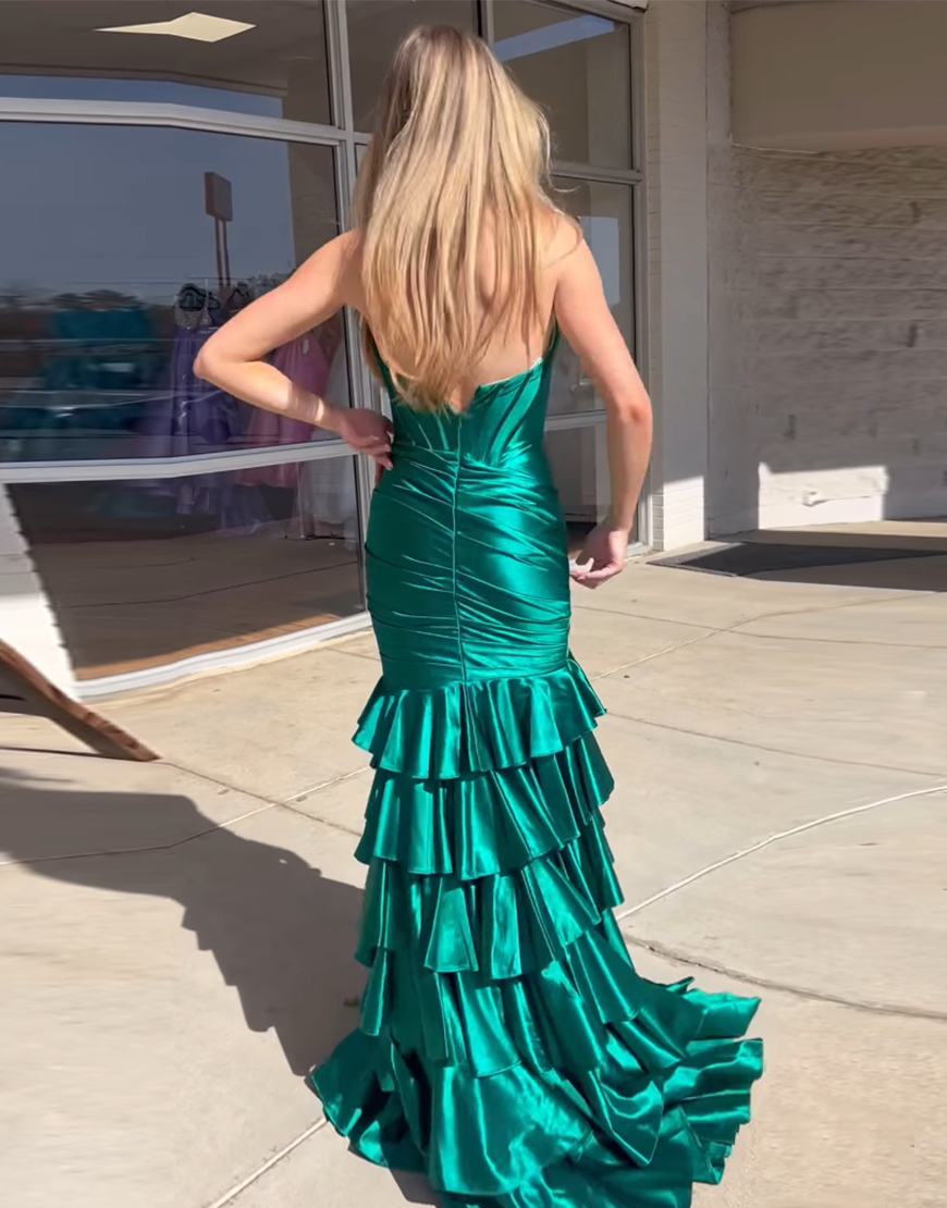 Royal Blue Mermaid Strapless Corset Tiered Satin Long Prom Dress with Slit