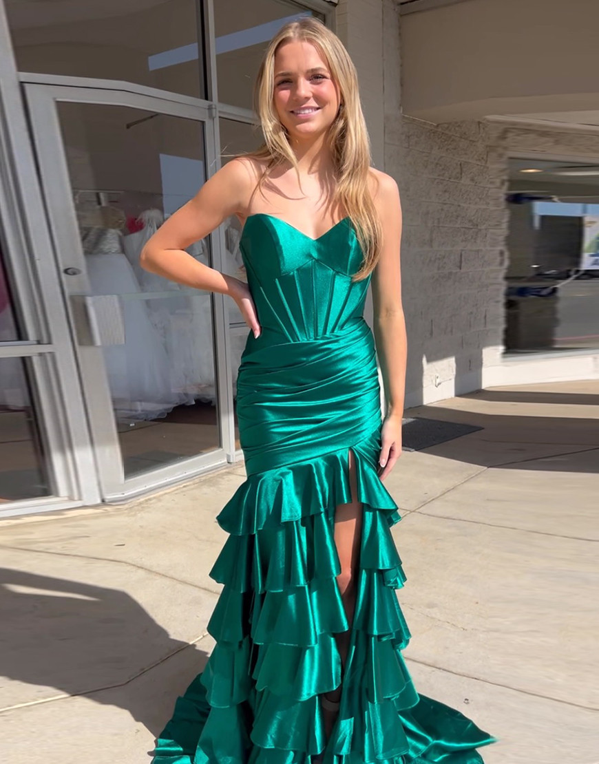 Royal Blue Mermaid Strapless Corset Tiered Satin Long Prom Dress with Slit