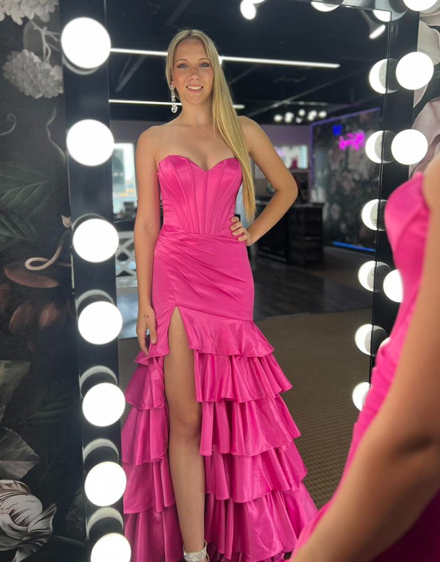 Royal Blue Mermaid Strapless Corset Tiered Satin Long Prom Dress with Slit